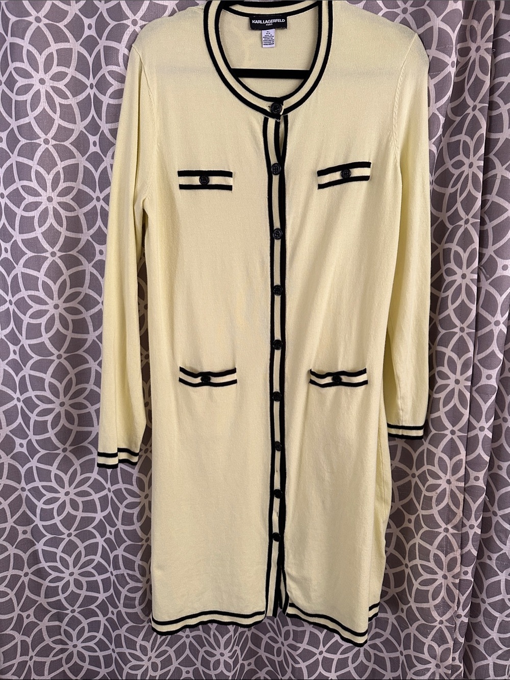 Karl Lagerfeld Pale Yellow Long Cardigan Dress with Black Trim Medium